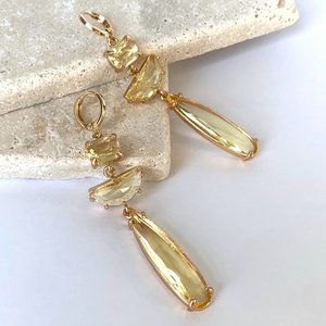 Citrine Yellow Glass Long Stone prong set Earrings ~NWT